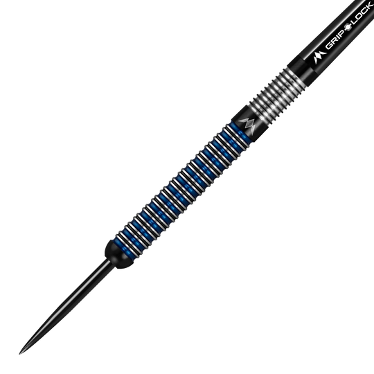 Dardos de acero Mission Nightfall Modelo 1 Das Bild zeigt einen Mission Nightfall Model 1 Steeldart. Der Dart hat ein modernes Design mit silbernen und blauen Ringen am Barrel.