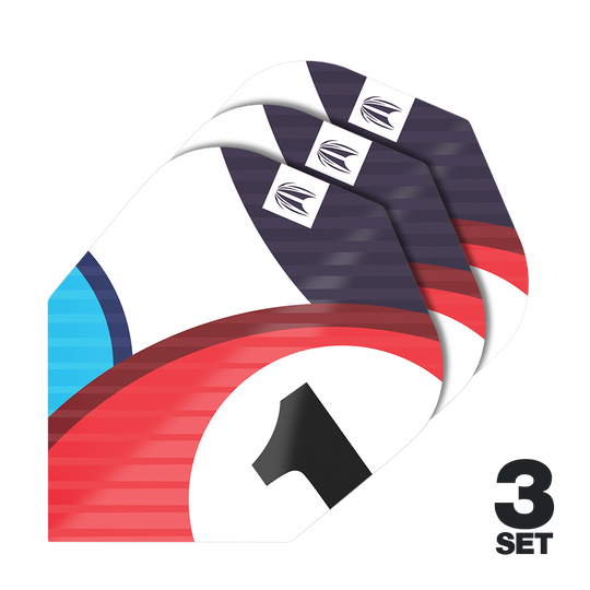 Plumas Target Pro Ultra Chicane Blue No6 - 3 juegos Das Bild zeigt drei Sets von Target Pro Ultra Chicane Blue No6 Flights für Darts. Auf den Flights sind rote, blaue und schwarze Designelemente sowie die Zahl 1 zu sehen.