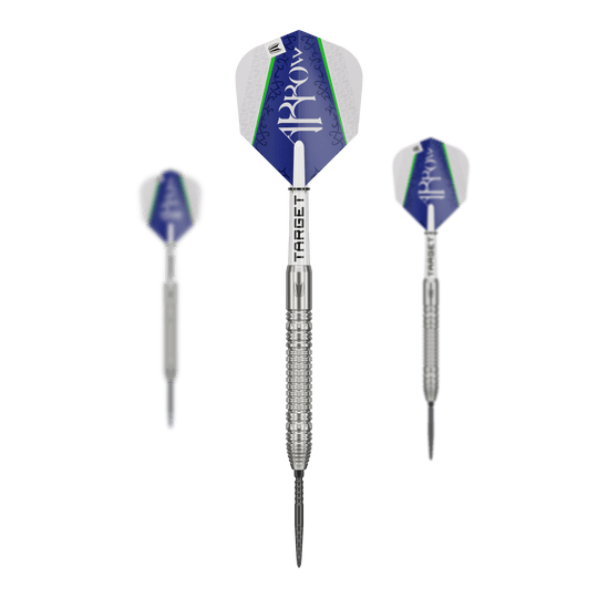 Dardos de acero Target Shane McGuirk GEN1 Swiss Point - 23 g Das Bild zeigt drei Steeldarts des Modells "Target Shane McGuirk GEN1 Swiss Point - 23g". Die Darts haben silberne Spitzen und Schäfte sowie blau-weiße Flights mit grünen Akzenten.