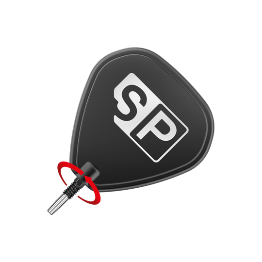 Das Bild zeigt eine schwarze Dartspitze mit der Aufschrift "SP" in Weiß. Ein roter Pfeil deutet auf die Richtung hin, in der die Spitze eingedreht werden soll.