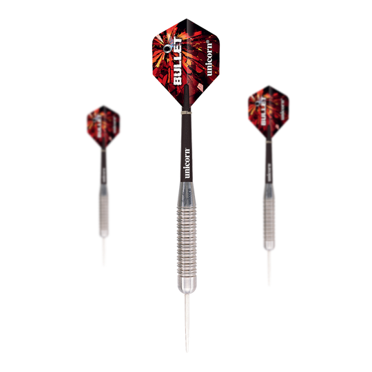 Dardos de acero Unicorn Bullet Gary Anderson - 22 g Das Bild zeigt drei Steeldarts des Modells "Unicorn Bullet Gary Anderson - 22g". Die Darts haben silberne Spitzen, geriffelte Griffe und rot-schwarze Flights mit der Aufschrift "BULLET".