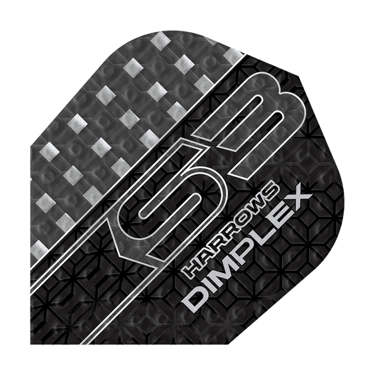 Rastrillos Dimplex S3 Vuelos - Humo Das Bild zeigt ein Harrows Dimplex S3 Dart-Flight in der Farbe Smokey. Das Flight hat ein modernes, strukturiertes Design mit silbernen und schwarzen Mustern sowie der Aufschrift „S3 Harrows Dimplex“.