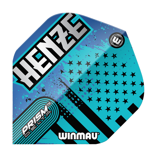 Vuelos estándar Winmau Prism Delta Rick Henze Das Bild zeigt ein Winmau Prism Delta Rick Henze Standard Flight in blau-schwarzem Design. Auf dem Flight stehen die Wörter "HENZE", "PRISM DELTA" und "WINMAU".