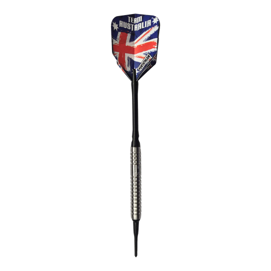 Dardos blandos McDart 85 Tungsten V5 - 16 g Auf dem Bild ist ein Softdart namens "McDart 85er Tungsten V5" mit einem Gewicht von 16g zu sehen. Der Flight zeigt das Design der australischen Flagge und die Aufschrift "Team Australia".