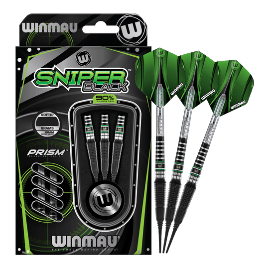 Dardos blandos Winmau Sniper Black 2025 - 20 g Das Bild zeigt die Winmau Sniper Black 2025 Softdarts mit einem Gewicht von 20g. Die Darts sind schwarz und grün gestaltet und werden in einer Verpackung mit drei Stück präsentiert.