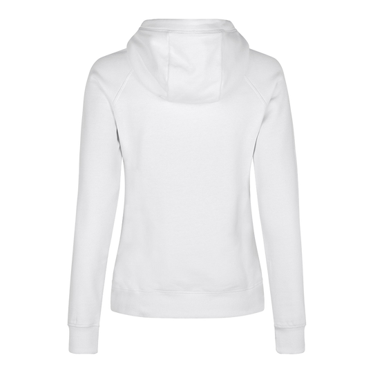 Sudadera con capucha Barrels and Shafts - Mujer - Blanco Dies ist ein weißer Damen-Hoodie, der von hinten zu sehen ist. Das schlichte Design zeigt lange Ärmel und eine Kapuze.