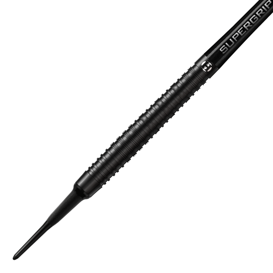 Dardos blandos Harrows NX90 Black Edition Dieses Bild zeigt den Harrows NX90 Black-Edition Softdart. Der Dart ist komplett schwarz und hat eine geriffelte, griffige Oberfläche.