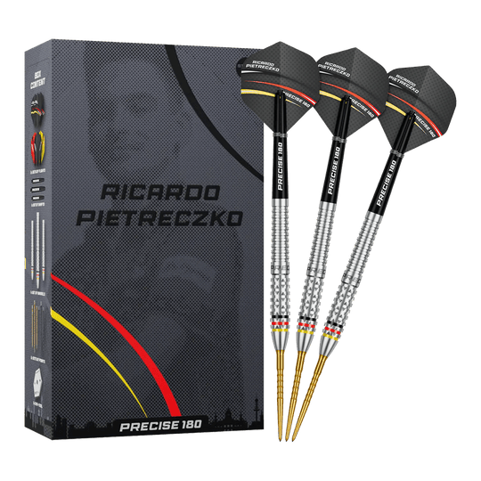 Dardos de acero Precise 180 Ricardo Pietreczko GEN1 Vollansicht der Precise 180 Ricardo Pietreczko GEN1 Steeldarts. Diese Darts sind für Präzision und Kontrolle entwickelt.