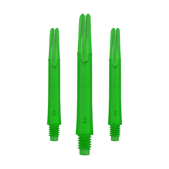 Ejes en L estilo L bloqueados rectos - Verde Auf dem Bild sind drei gerade, grüne Dartshafts ohne Kappen zu sehen. Sie stehen nebeneinander und haben ein Schraubgewinde am unteren Ende.