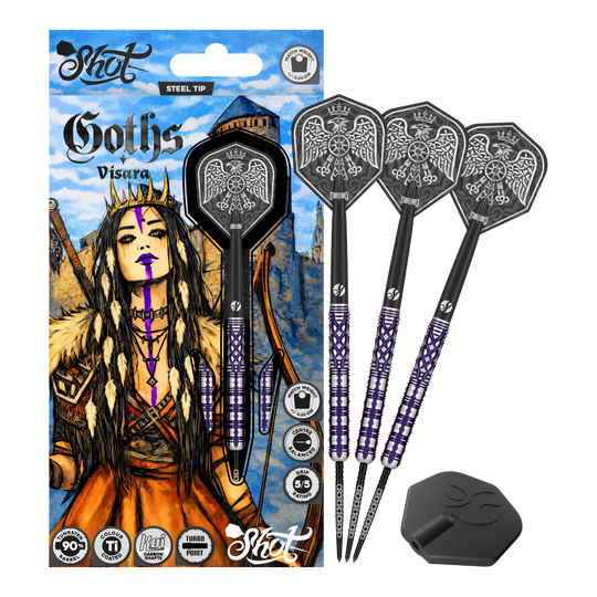 Dardos de acero Shot Goths Visara Turbo Point - 23 g Das Produkt zeigt die Shot Goths Visara Turbo Point Steeldarts - 23g in voller Ansicht. Diese Steeldarts stehen für Qualität und Zuverlässigkeit beim Dartspiel.
