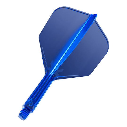 Sistema de vuelo Target K-Flex No6 - Azul Das Bild zeigt ein blaues Dartflight-System mit integriertem Schaft. Das Material wirkt durchsichtig und hat eine glatte, glänzende Oberfläche.