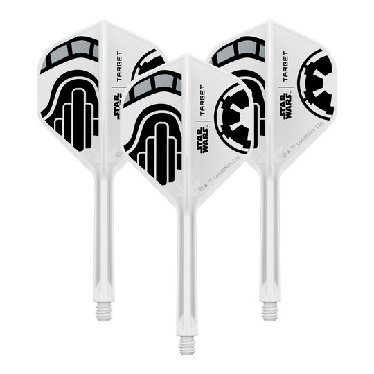 Das Bild zeigt ein Set von Dart-Flights der Star Wars KFlex Stormtrooper No2 Standard Serie. Diese Version ist medium und hat eine Länge von 33 mm.