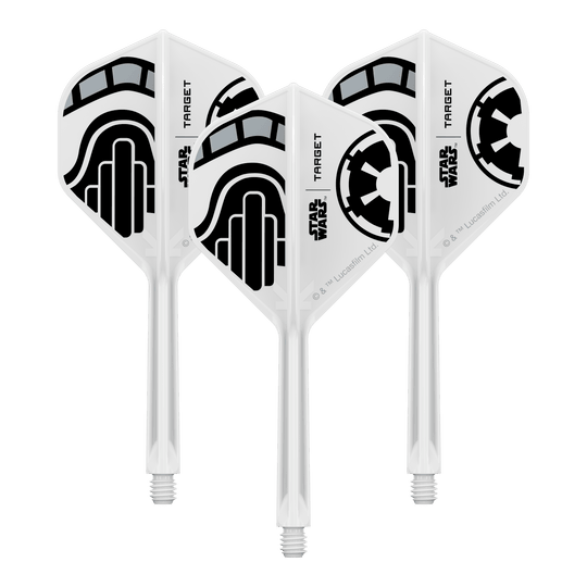 Target Star Wars K-Flex Stormtrooper No. 2 Vuelos Estándar Das Bild zeigt ein Set von Dart-Flights der Star Wars KFlex Stormtrooper No2 Standard Serie. Diese Version ist medium und hat eine Länge von 33 mm.