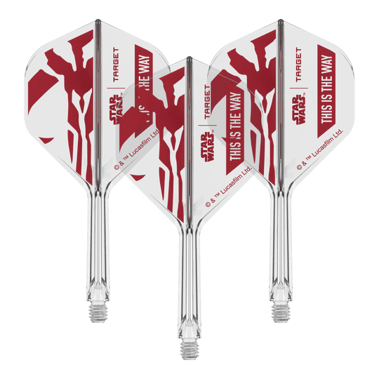 Set Target Star Wars K-Flex Mandalorian No2 Vuelos estándar Gezeigt wird das Produkt mit dem Dateinamen 410621_Target_StarWars_K-Flex_ThisIsTheWay_No2_Standard_Flights_26mm_2b. Das Motiv scheint an den Star Wars Spruch 'This is the Way' angelehnt zu sein.