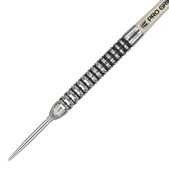 Dardos de acero Target EXO SP01 Swiss Point Das Bild zeigt einen Target EXO SP01 Swiss Point Steeldart. Der Dart hat ein silbernes, geriffeltes Barrel und eine spitze Stahlspitze.
