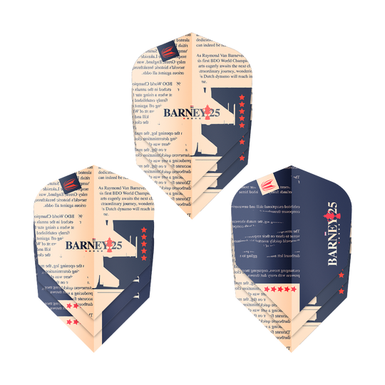 Target ProUltra Raymond Van Barneveld Barney25 Vuelos Ten-X Das Bild zeigt drei Dart-Flights mit dem Design „BARNEY25“ und Sternen. Sie sind in den Farben Dunkelblau und Beige gehalten und tragen Text sowie ein Logo.