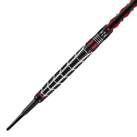 Dardos blandos Harrows Atrax Auf dem Bild ist ein Softdart-Pfeil mit einem auffällig gemusterten, schwarzen Griff zu sehen. Der Dart hat silberne und rote Akzente, die ihm ein modernes und sportliches Aussehen verleihen.