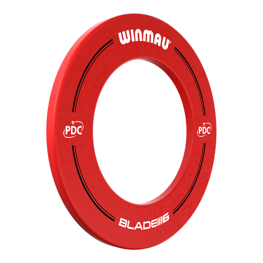 Marco para diana Winmau PDC - Rojo Das Bild zeigt einen roten Dartboard-Surround von Winmau mit der Aufschrift „PDC“ und „BLADE 6“. Der Surround dient dazu, die Wand rund um ein Dartboard vor abprallenden Pfeilen zu schützen.