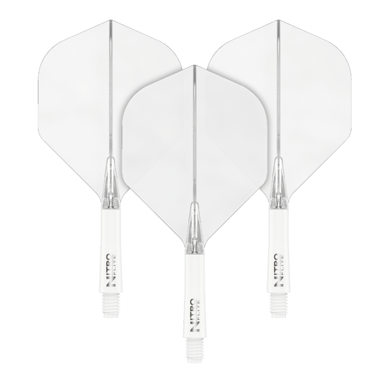 Red Dragon Nitroflite - Eje blanco, plumas transparentes nº 2 Das Bild zeigt drei weiße Dartflights mit weißen Schäften. Sie sind nebeneinander auf schwarzem Hintergrund angeordnet.