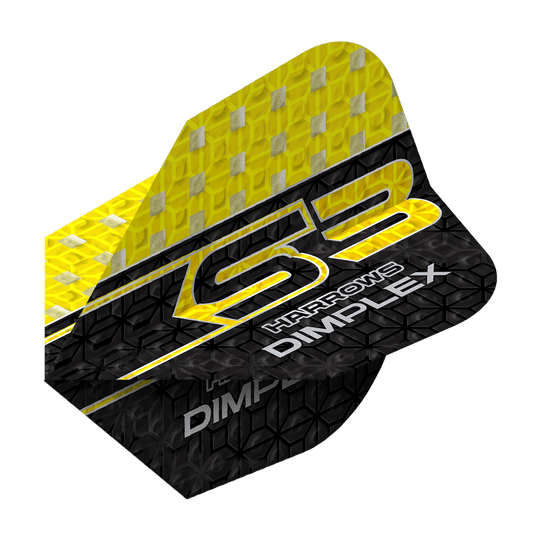 Das Bild zeigt einen Harrows Dimplex S3 Flight in Gelb und Schwarz. Auf dem Flight steht "S3 HARROWS DIMPLEX" in auffälliger Schrift.