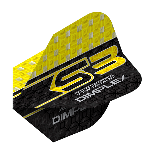 Rastrillos Dimplex S3 - Amarillo Das Bild zeigt einen Harrows Dimplex S3 Flight in Gelb und Schwarz. Auf dem Flight steht "S3 HARROWS DIMPLEX" in auffälliger Schrift.