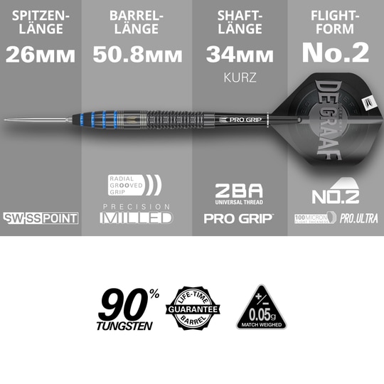 Diana Jeffrey De Graaf GEN1 Dardos de acero con punta suiza - 23 g Das Bild zeigt den Steeldart "Target Jeffrey De Graaf GEN1 Swiss Point" mit 23g Gewicht. Die wichtigsten Merkmale sind eine Spitzenlänge von 26 mm, eine Barrelinglänge von 50,8 mm, eine Schaftlänge von 34 mm sowie Flights in der Form No.2.