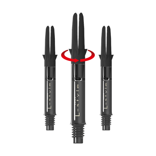 L-L-Style-Shaft Carbon Silent Straight - Schwarz Das Bild zeigt drei schwarze Dartschäfte der Marke L-Style in einer geraden Anordnung. Über dem mittleren Schaft ist ein roter Pfeil, der eine Drehbewegung anzeigt.
