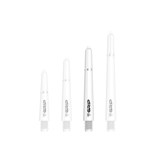 BS55069_Bulls_B-Grip-2_SL_Shafts_Weiss_41mm_1aC7htoVTCV4T3 Auf dem Bild sind vier weiße Dartschäfte des Modells „Bulls B-Grip-2 SL Shafts“ in unterschiedlichen Längen zu sehen. Die Schäfte haben ein schlichtes Design mit schwarzer Aufschrift „GRIP“.