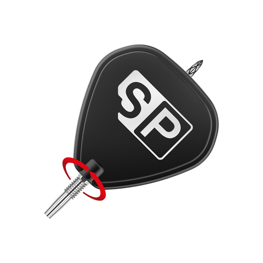 Puntas de dardo Target Swiss DS Surge Point - Plata Das Bild zeigt die Spitze eines Dartpfeils mit einem schwarzen Flight, auf dem die Buchstaben "SP" in Weiß abgebildet sind. Ein roter Pfeil weist auf den Befestigungspunkt der Spitze hin.