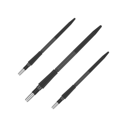 Puntas de dardo Target Elysian Archetype 43 Swiss Point de acero - Negras Das Bild zeigt ein Set schwarzer Dartspitzen mit einer Länge von 42 mm. Sie eignen sich für Dartspieler.