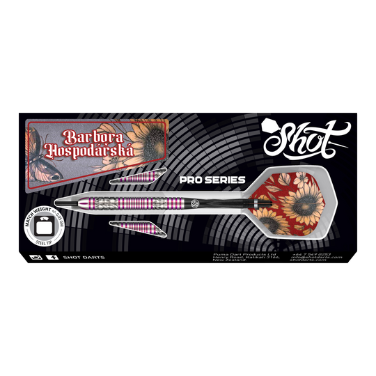 Shot Pro Series Barbora Hospodarska 2 Dardos de acero - 23g Das Bild zeigt das Produkt "Shot Pro Series Barora Hospodarska Steeldarts - 23g". Die Darts haben ein auffälliges Design mit Blumenmuster und sind für professionelle Spieler geeignet.