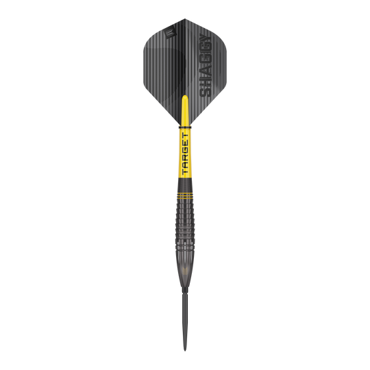 Dardos de acero Target Scott Williams Shaggy Black Swiss Point Dies ist ein Target Scott Williams Shaggy Black Swiss Point Steeldart. Der Dart hat ein schwarzes Design mit gelben Akzenten und der Aufschrift "SHAGGY" auf dem Flight.