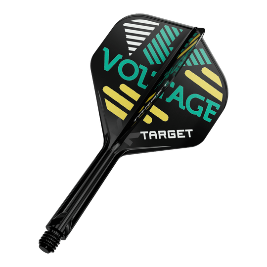 Sistema de eje de vuelo estándar Target K-Flex Rob Cross No2 Auf dem Bild ist ein Dart-Flügel mit Schaft zu sehen. Auf dem schwarzen Flügel steht in grüner und gelber Schrift „VOLTAGE“ und „TARGET“.