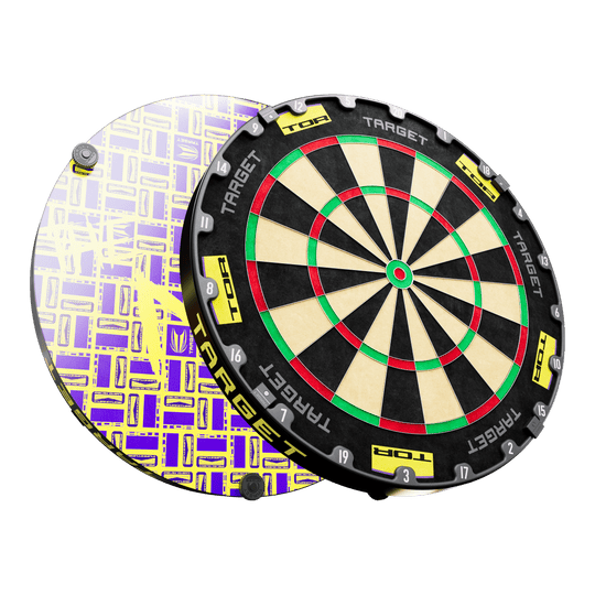 Paquete de diana de dardos de acero con forma de objetivo envolvente, campeón mundial Luke Littler 2025 Auf dem Bild ist ein Steeldartboard-Bundle mit einer schwarzen und gelben Umrandung zu sehen. Im Hintergrund erkennt man eine auffällige, lila-gelbe Motivscheibe mit grafischem Muster.