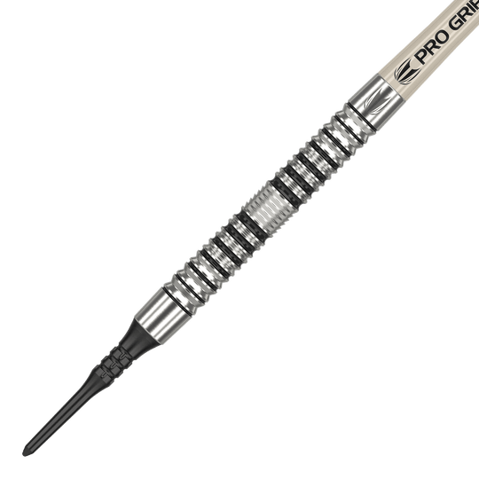 Dardos blandos Target EXO 10 Das Bild zeigt einen Target EXO 10 Softdart. Der Dartpfeil hat ein silbernes, gerilltes Griffstück und eine schwarze Kunststoffspitze.