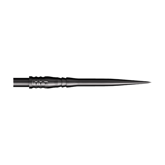 Puntas de dardos Shot Cone Rocket de acero - Negras - 35 mm Das Bild zeigt eine schwarze Steeldart-Spitze mit einer Länge von 35 mm. Die Spitze hat ein schlankes, spitz zulaufendes Design und strukturierte Rillen am Schaft.