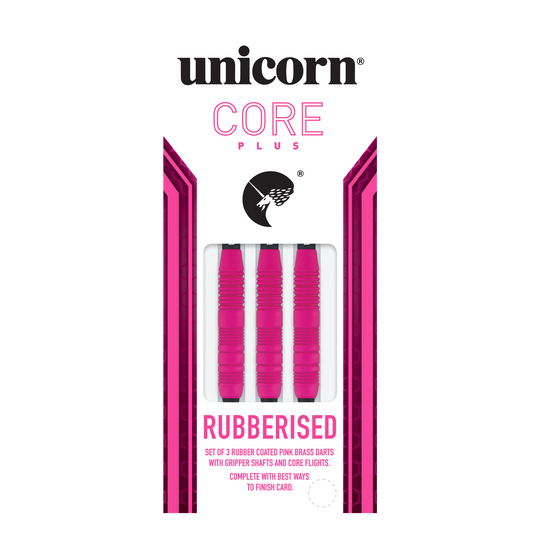 Dardos suaves de goma Unicorn Core Plus, color rosa - 19 g Das Bild zeigt eine Packung der "Unicorn Core Plus Rubberised Pink Softdarts - 19g". In der Verpackung befinden sich drei pinke, gummierte Softdarts.