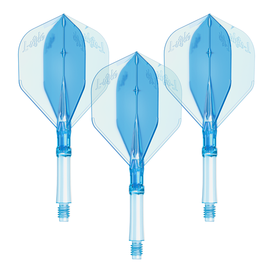 Vuelos L-Style L-System - Azul claro Das Bild zeigt ein Set L-Style L-System Flights in klarblau, mittlere Größe 260. Es handelt sich um Zubehör für Dartpfeile.