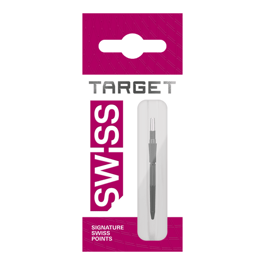 Puntas de dardo Target Elysian Archetype 43 Swiss Point de acero - Negras Hier sind drei schwarze Dartspitzen von Target Elysian Archetype 43 SwissPoint, 30 mm lang, zu sehen. Sie werden als Gruppe präsentiert.
