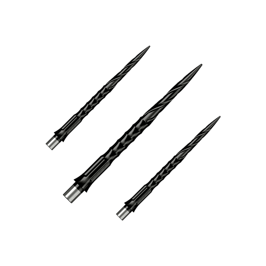 Puntas de dardos de acero Caliburn System - Spiro - Sin pestaña - Negras Gezeigt wird ein Set von Steeldartspitzen Caliburn Evo System Spiro NoLip Black, 36mm. Die Spitzen sind für Steeldarts geeignet und schwarz gefärbt.