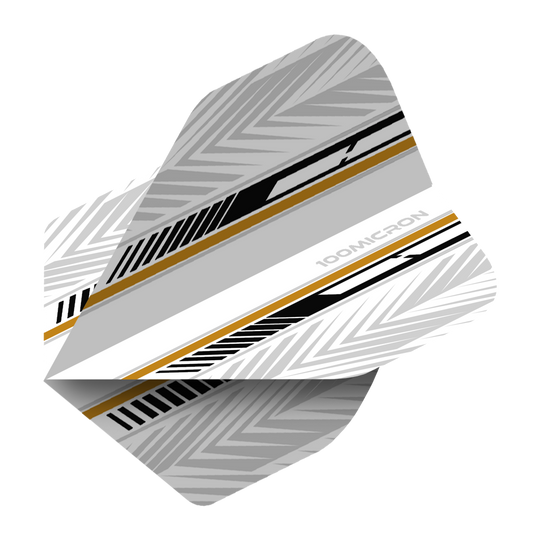 Vuelos de pentatlón blanco/negro/dorado Das Bild zeigt ein Dartflight mit einem modernen Design in Weiß, Schwarz und Gold. Die Oberfläche ist mit geometrischen Mustern und Streifen verziert.