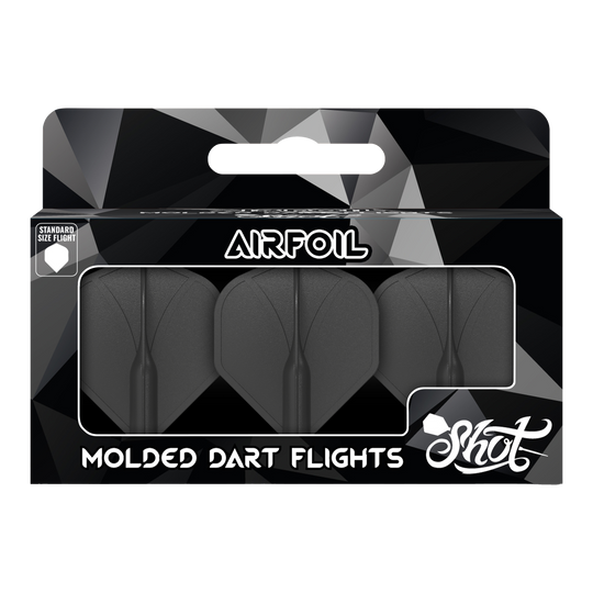 Auf dem Bild ist eine Packung mit drei schwarzen, geformten Dartflights zu sehen. Die Verpackung trägt die Aufschrift „Airfoil“ und „Molded Dart Flights“ der Marke Shot.