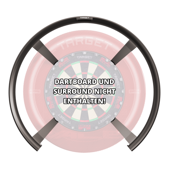 Das Bild zeigt das Produkt "Target OMNI Auto-Scoring-System" vor einem Dartboard. In der Mitte steht der Hinweis: "DARTBOARD UND SURROUND NICHT ENTHALTEN!"