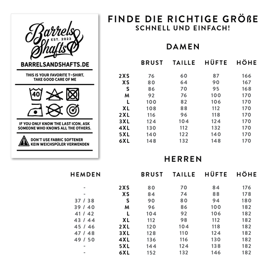 Polo Barriles y Ejes - Negro Das Bild zeigt eine Größentabelle für das Produkt „Barrels and Shafts Poloshirt – Schwarz“ für Damen und Herren. Links sind Pflegehinweise für das T-Shirt abgebildet.