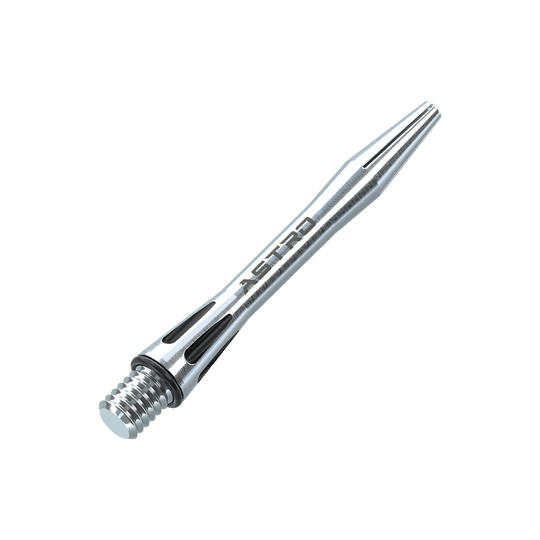 Das Bild zeigt einen silbernen Winmau Astro Aluminium Schaft für Dartpfeile. Der Schaft ist schlank designt und trägt die Aufschrift "ASTRO".
