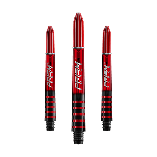 7020-404_Winmau_Prism_Force_Shafts_Rot_41mm_1 Das Bild zeigt drei rote Winmau Prism Force Shafts für Darts. Die Shafts haben ein schwarzes Streifenmuster und den Schriftzug "Prism Force" in Weiß.