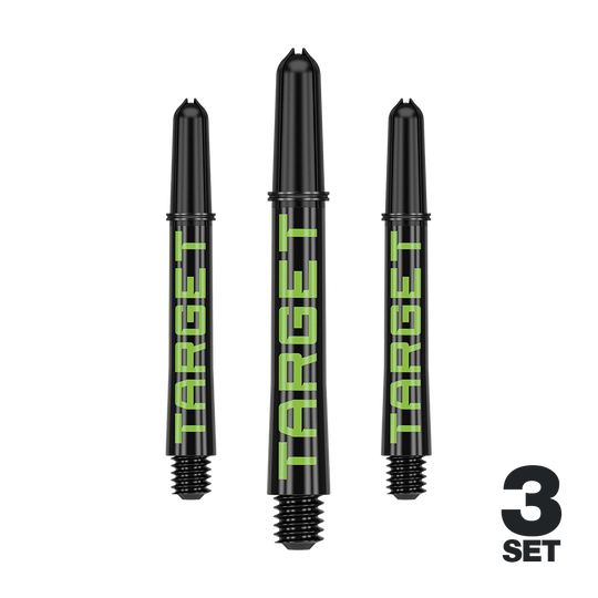 Varillas Target Pro Grip TAG - 3 juegos - Negro Verde Das Bild zeigt drei schwarze Dart-Schäfte mit grünem Schriftzug "TARGET". Unten rechts steht "3 SET", was auf ein Set von drei Stück hinweist.