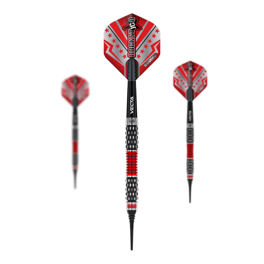 Dardos blandos Winmau Joe Cullen Rockstar Series RS1 - 20 g Das Bild zeigt drei Softdarts der Marke Winmau aus der Joe Cullen Rockstar Series RS1 mit einem Gewicht von 20g. Die Darts sind überwiegend in den Farben Schwarz und Rot gestaltet und haben auffällige Flights mit dem Schriftzug "Rockstar".