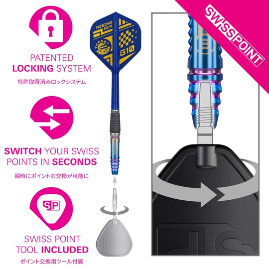 Dardos de acero Target Japan Rising Sun GEN10 Swiss Point Hier wird das Produkt Target Japan Rising Sun GEN10 Swiss Point Steeldarts dargestellt. Diese Darts bieten ein modernes Design und professionelle Qualität.