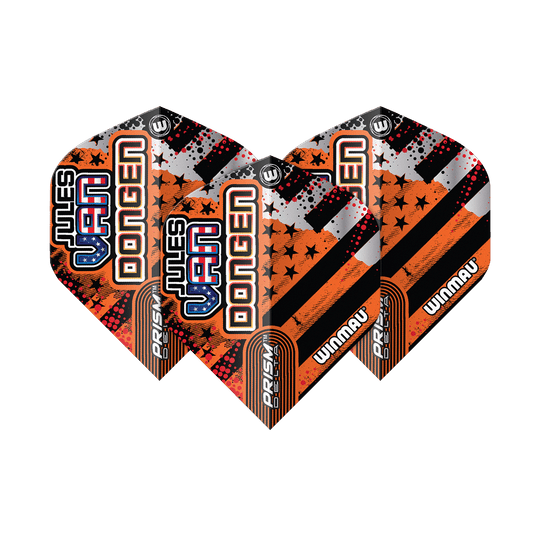 Das Bild zeigt drei Dartflights des Modells "Winmau Prism Delta Jules Van Dongen Standard Flights". Die Flights sind in Schwarz, Orange und Silber gestaltet und tragen den Namen "Jules Van Dongen".